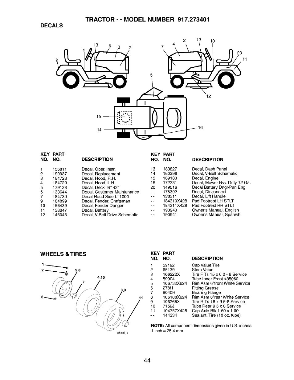 Decals, Wheels & tires | Craftsman 917.273401 User Manual | Page 44 / 56