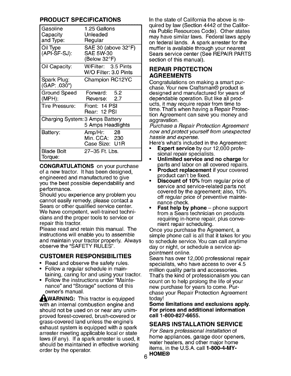 Customer responsibilities, Repair protection, Sears installation service | Craftsman 917.273401 User Manual | Page 6 / 56