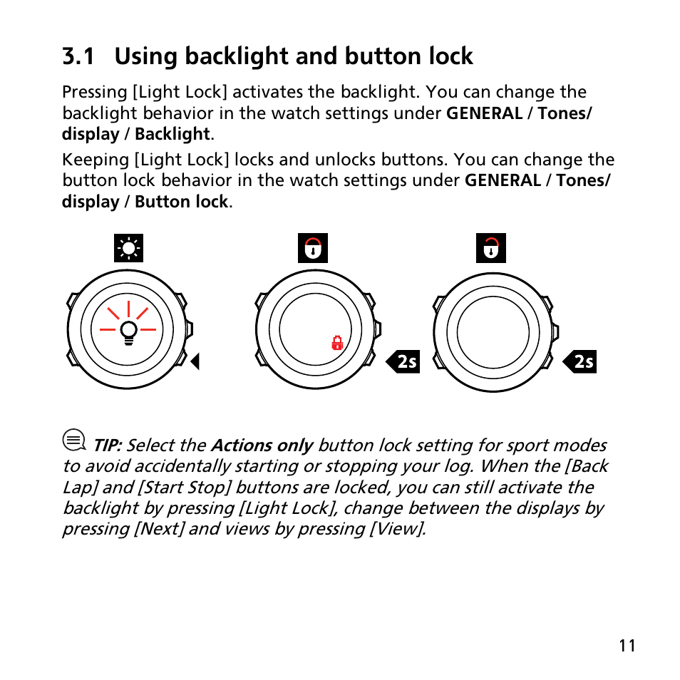 1 using backlight and button lock | SUUNTO AMBIT2 S User Guide User Manual | Page 11 / 128