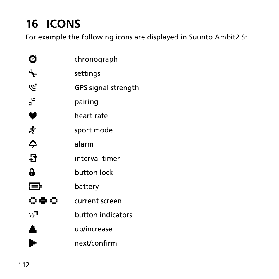 16 icons | SUUNTO AMBIT2 S User Guide User Manual | Page 112 / 128