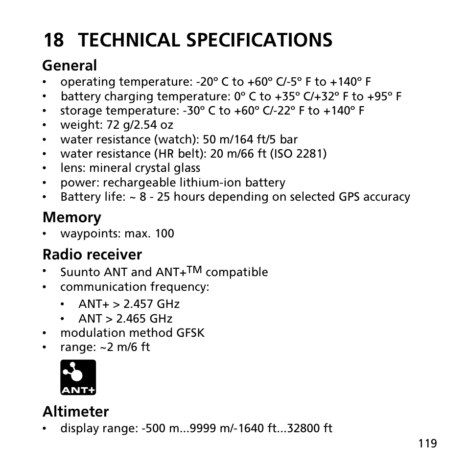 18 technical specifications, General, Radio receiver | Altimeter | SUUNTO AMBIT2 S User Guide User Manual | Page 119 / 128