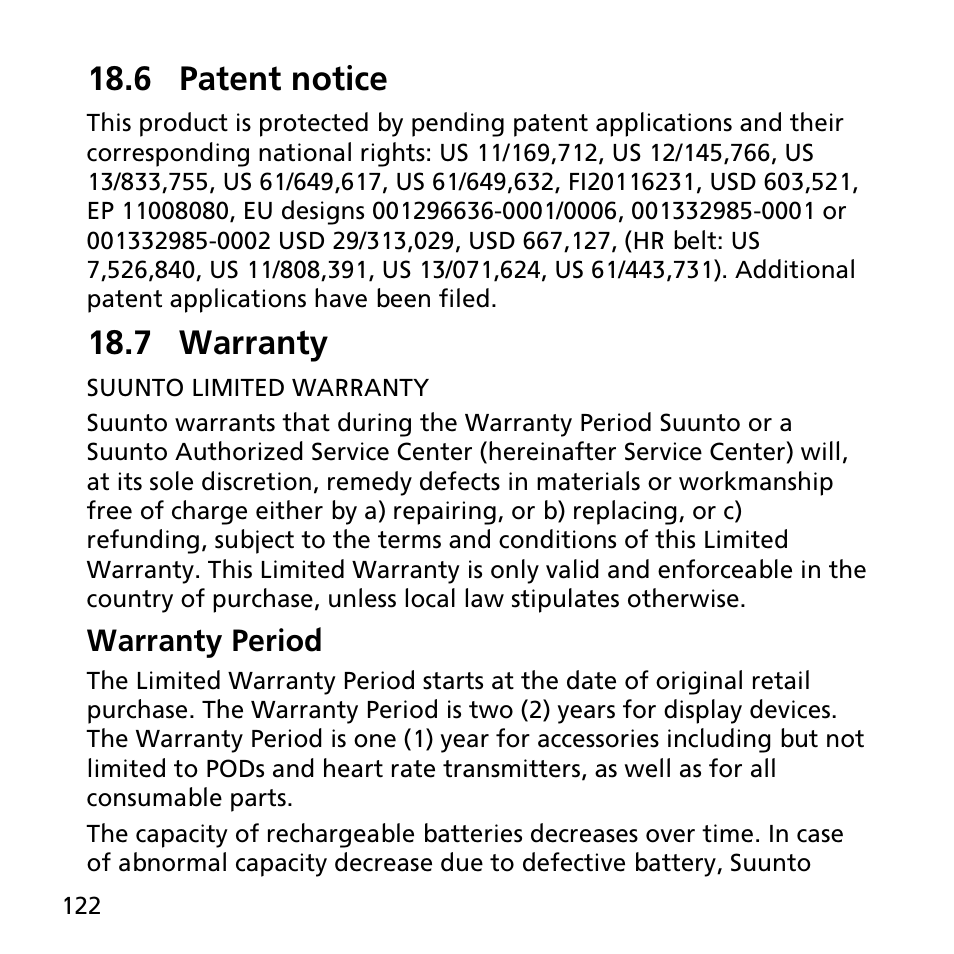 6 patent notice, 7 warranty | SUUNTO AMBIT2 S User Guide User Manual | Page 122 / 128