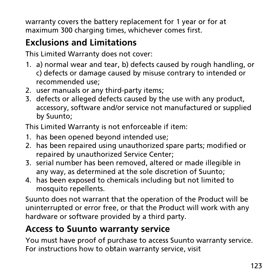 Exclusions and limitations, Access to suunto warranty service | SUUNTO AMBIT2 S User Guide User Manual | Page 123 / 128