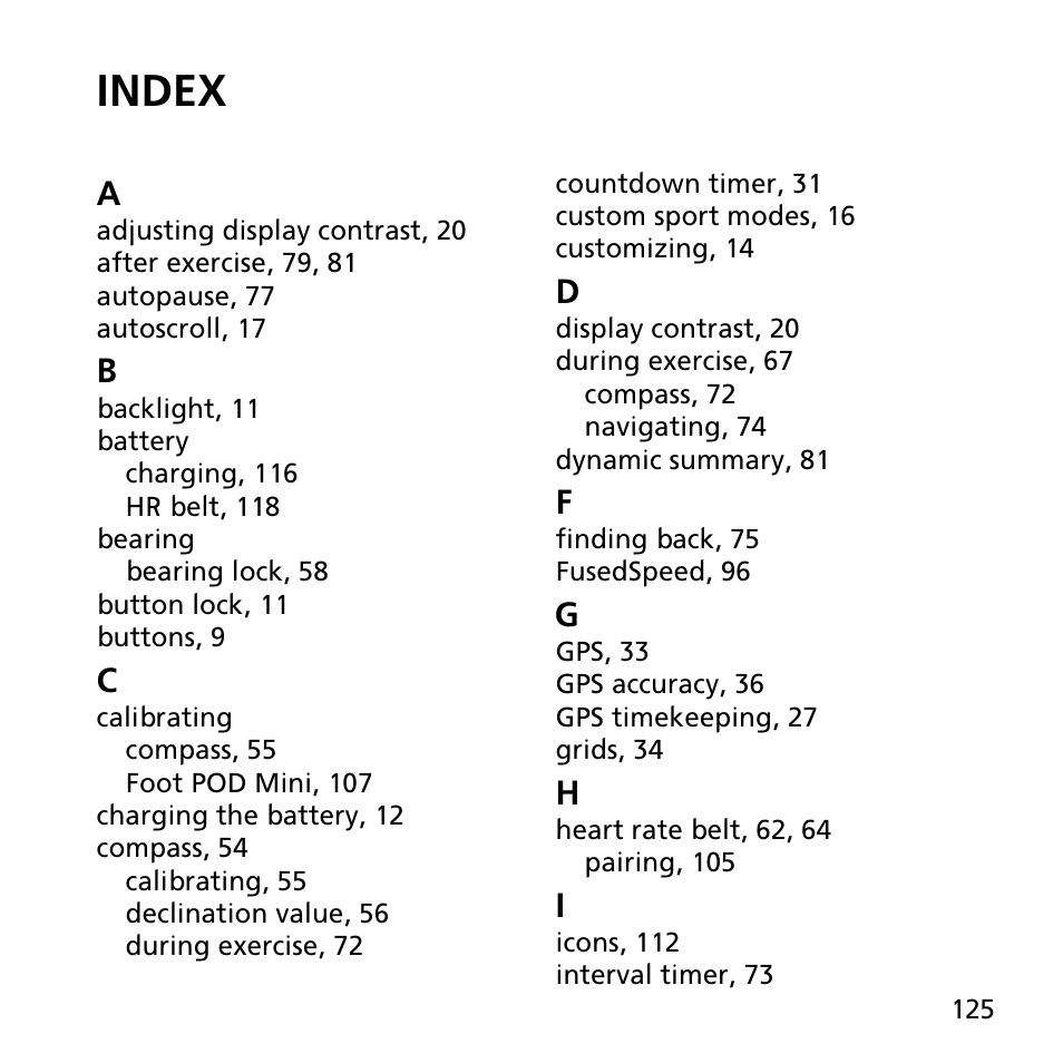 Index | SUUNTO AMBIT2 S User Guide User Manual | Page 125 / 128