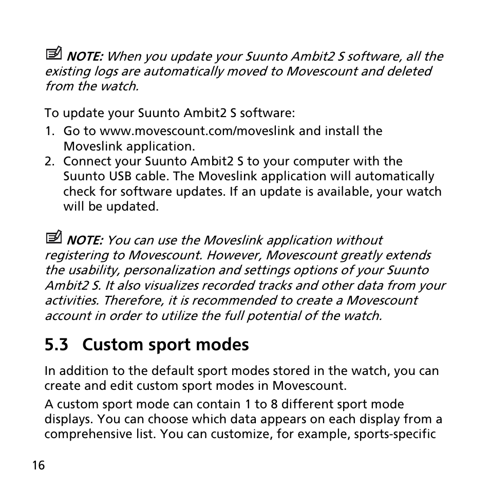 3 custom sport modes | SUUNTO AMBIT2 S User Guide User Manual | Page 16 / 128