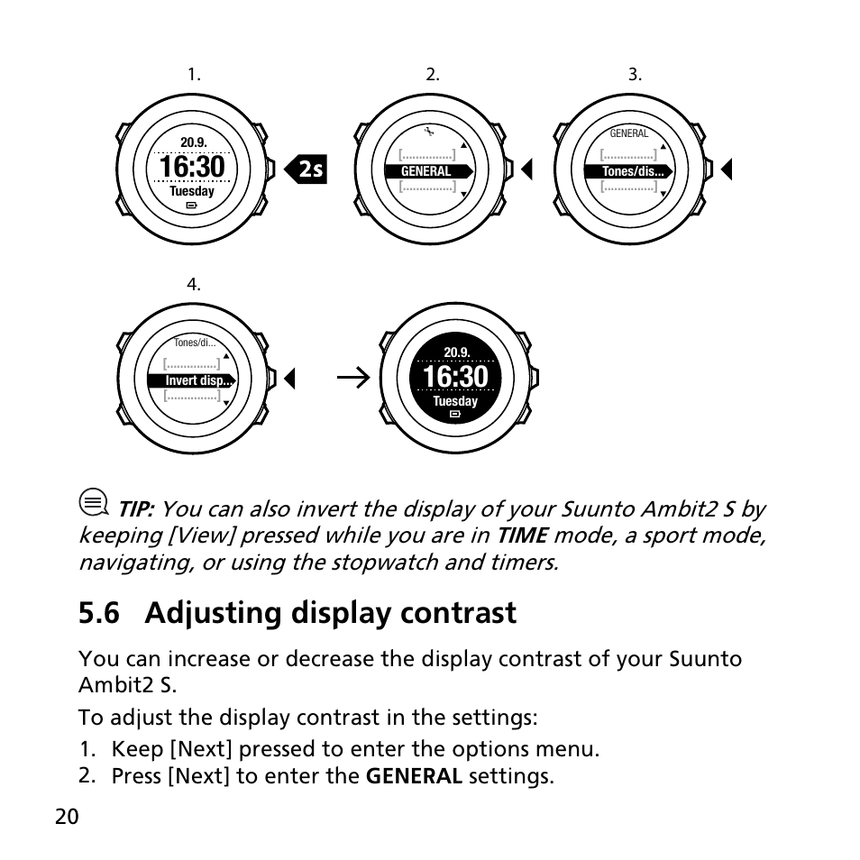 6 adjusting display contrast | SUUNTO AMBIT2 S User Guide User Manual | Page 20 / 128