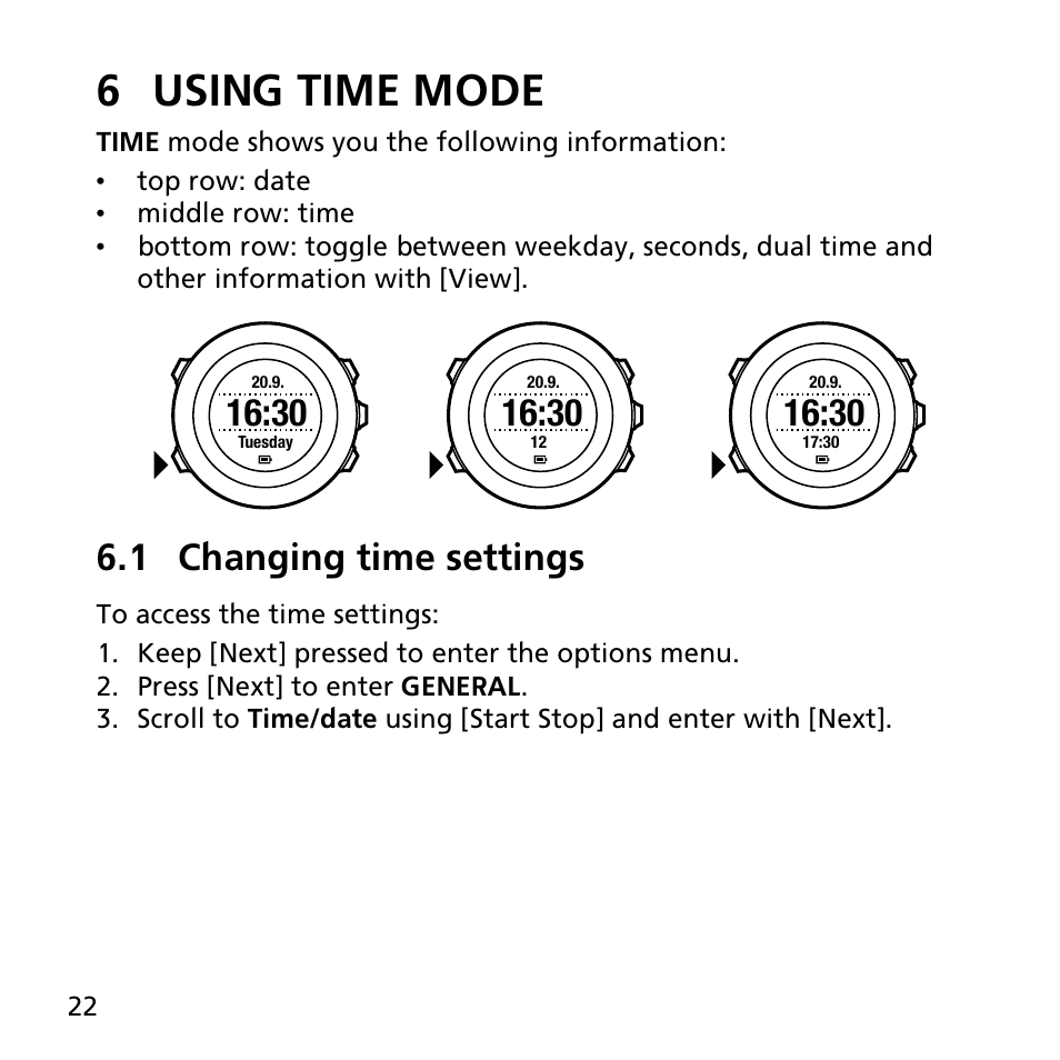 6 using time mode, 1 changing time settings, 30 6.1 changing time settings | SUUNTO AMBIT2 S User Guide User Manual | Page 22 / 128