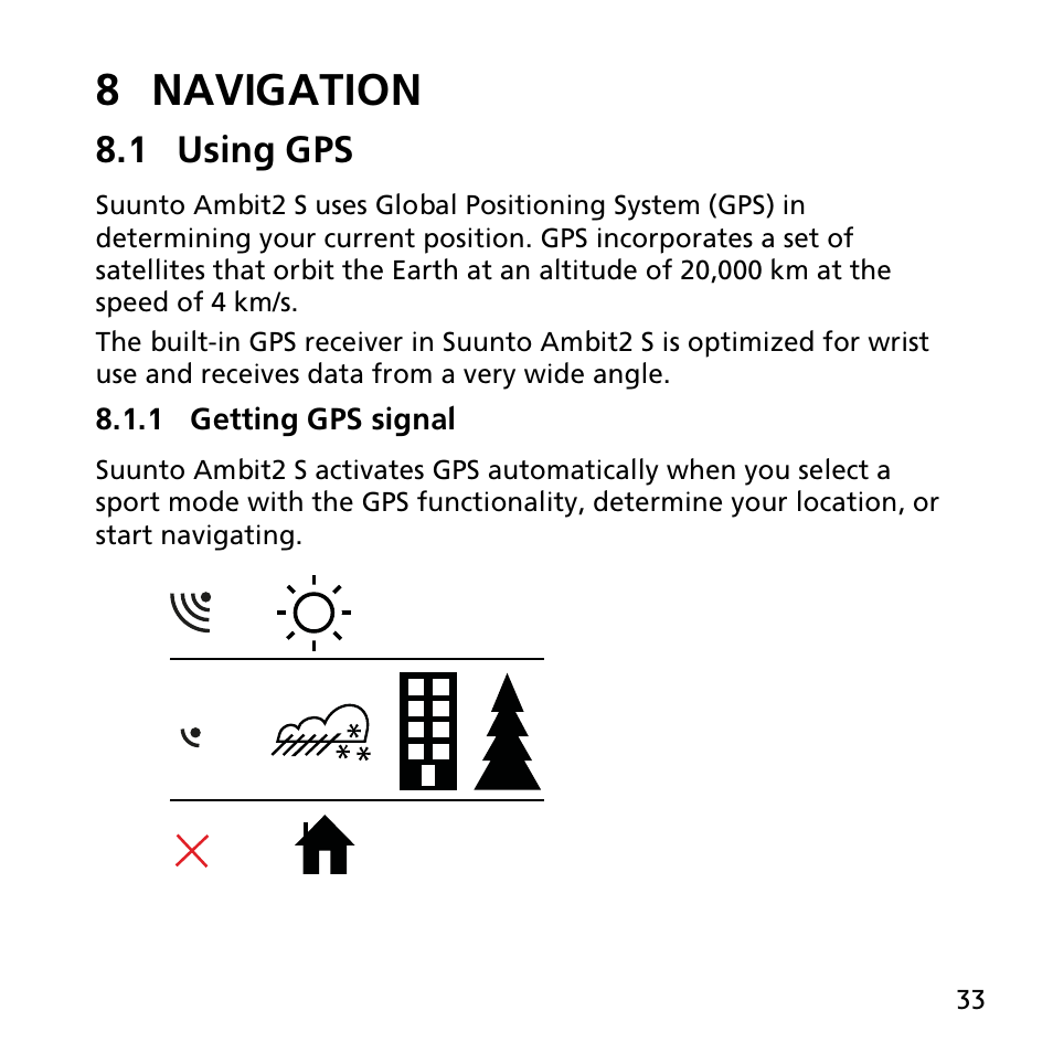 8 navigation, 1 using gps, 1 getting gps signal | SUUNTO AMBIT2 S User Guide User Manual | Page 33 / 128