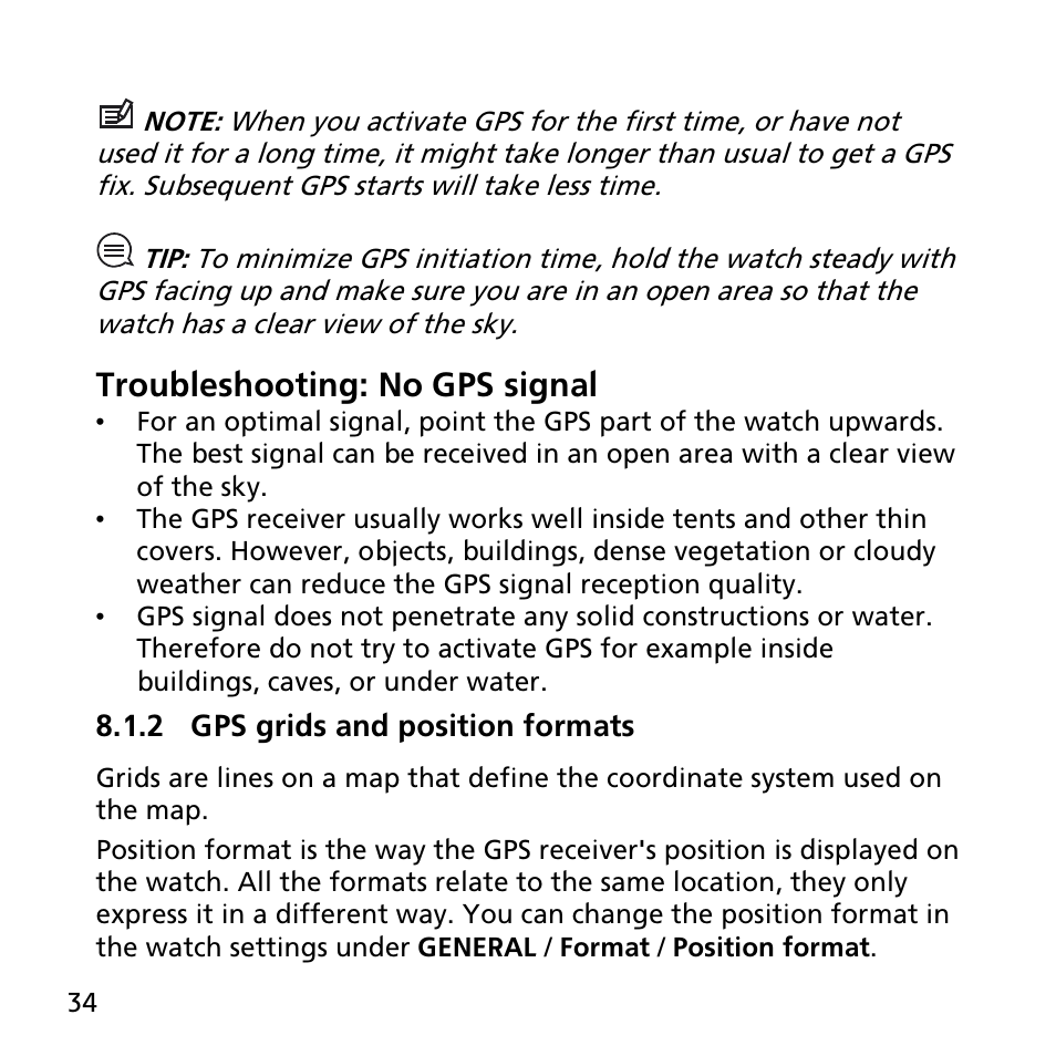 2 gps grids and position formats, Troubleshooting: no gps signal | SUUNTO AMBIT2 S User Guide User Manual | Page 34 / 128