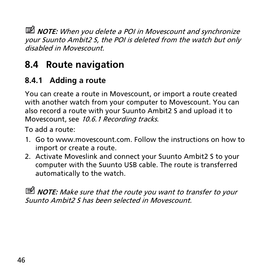 4 route navigation, 1 adding a route | SUUNTO AMBIT2 S User Guide User Manual | Page 46 / 128