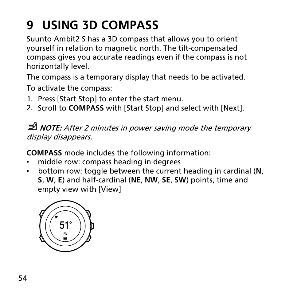 9 using 3d compass | SUUNTO AMBIT2 S User Guide User Manual | Page 54 / 128