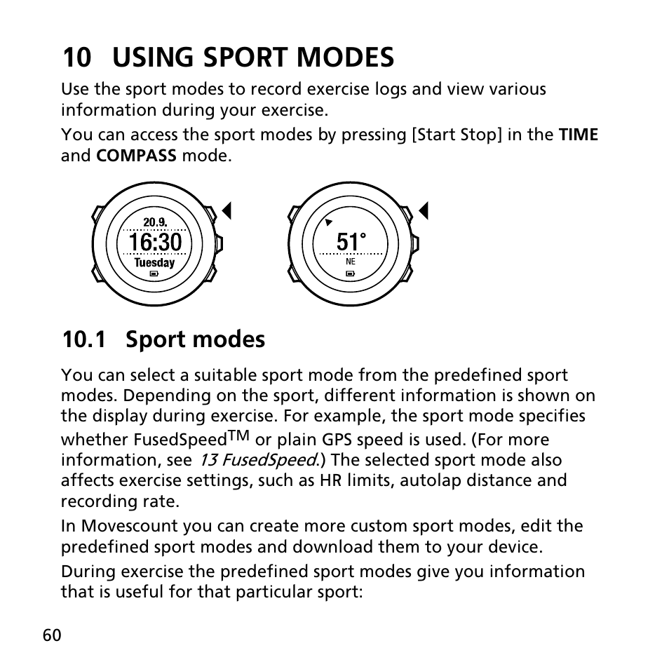 10 using sport modes, 1 sport modes | SUUNTO AMBIT2 S User Guide User Manual | Page 60 / 128