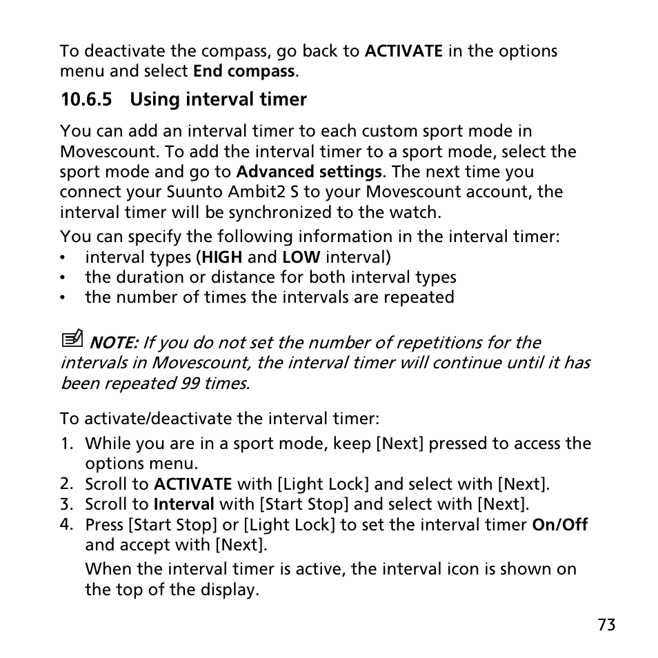 5 using interval timer | SUUNTO AMBIT2 S User Guide User Manual | Page 73 / 128