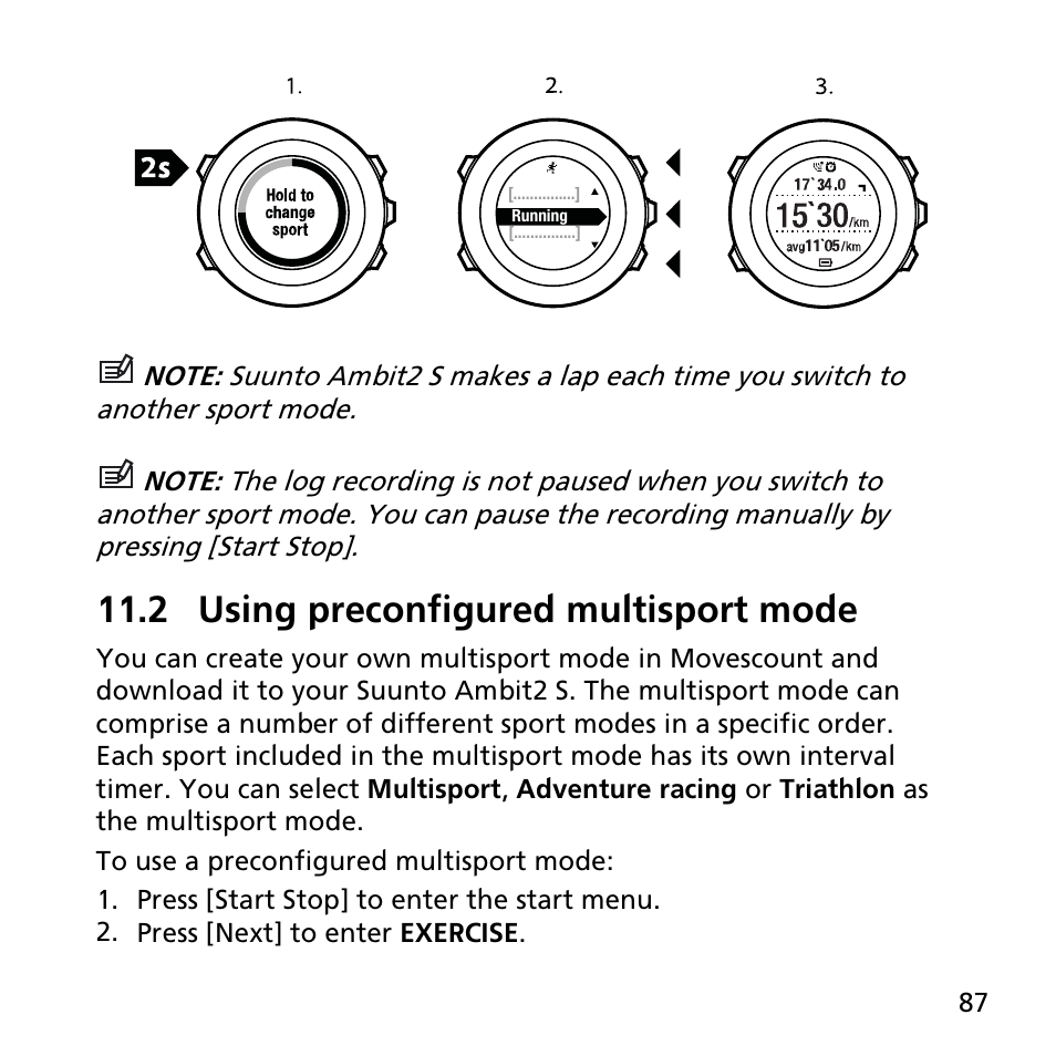 2 using preconfigured multisport mode | SUUNTO AMBIT2 S User Guide User Manual | Page 87 / 128