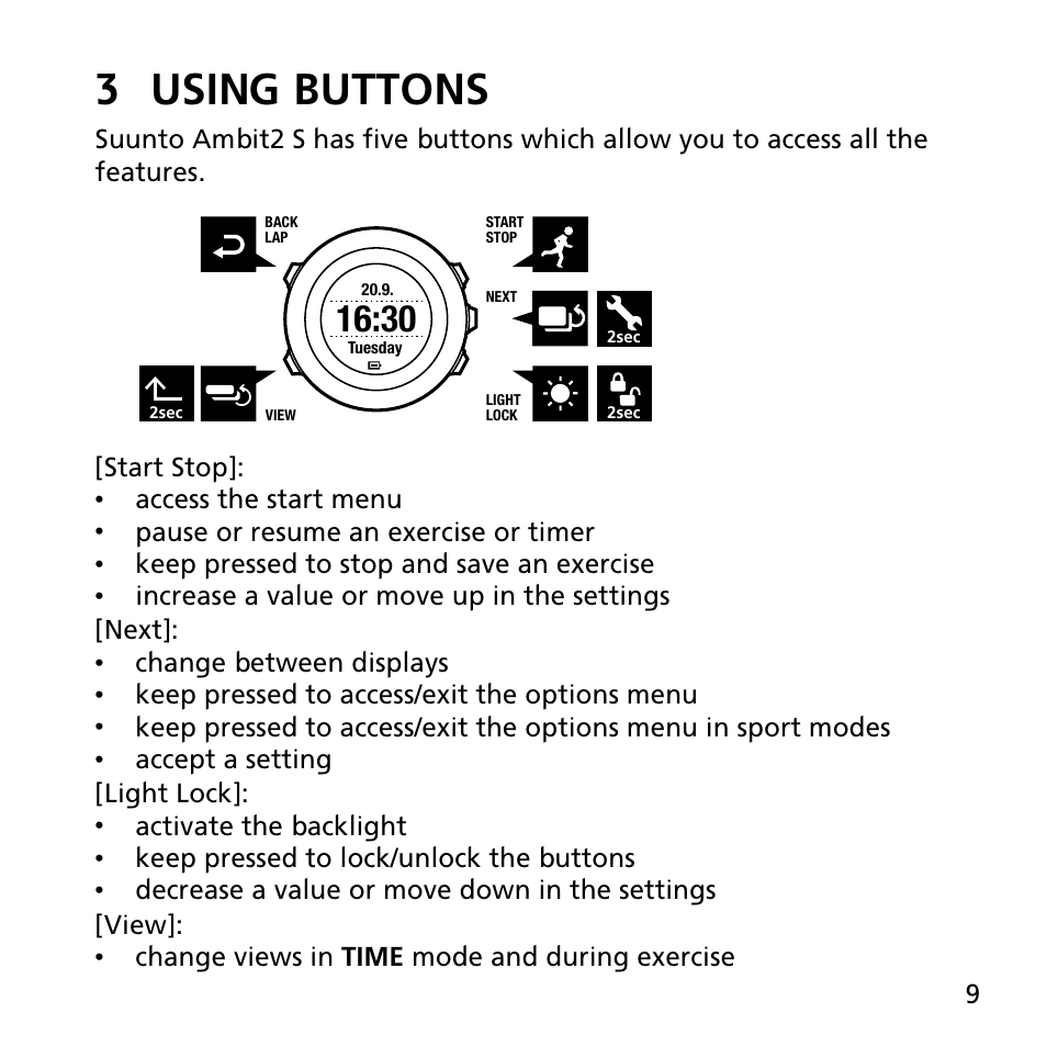 3 using buttons | SUUNTO AMBIT2 S User Guide User Manual | Page 9 / 128