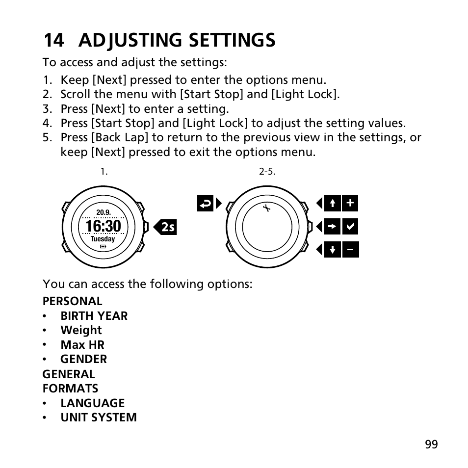 14 adjusting settings | SUUNTO AMBIT2 S User Guide User Manual | Page 99 / 128