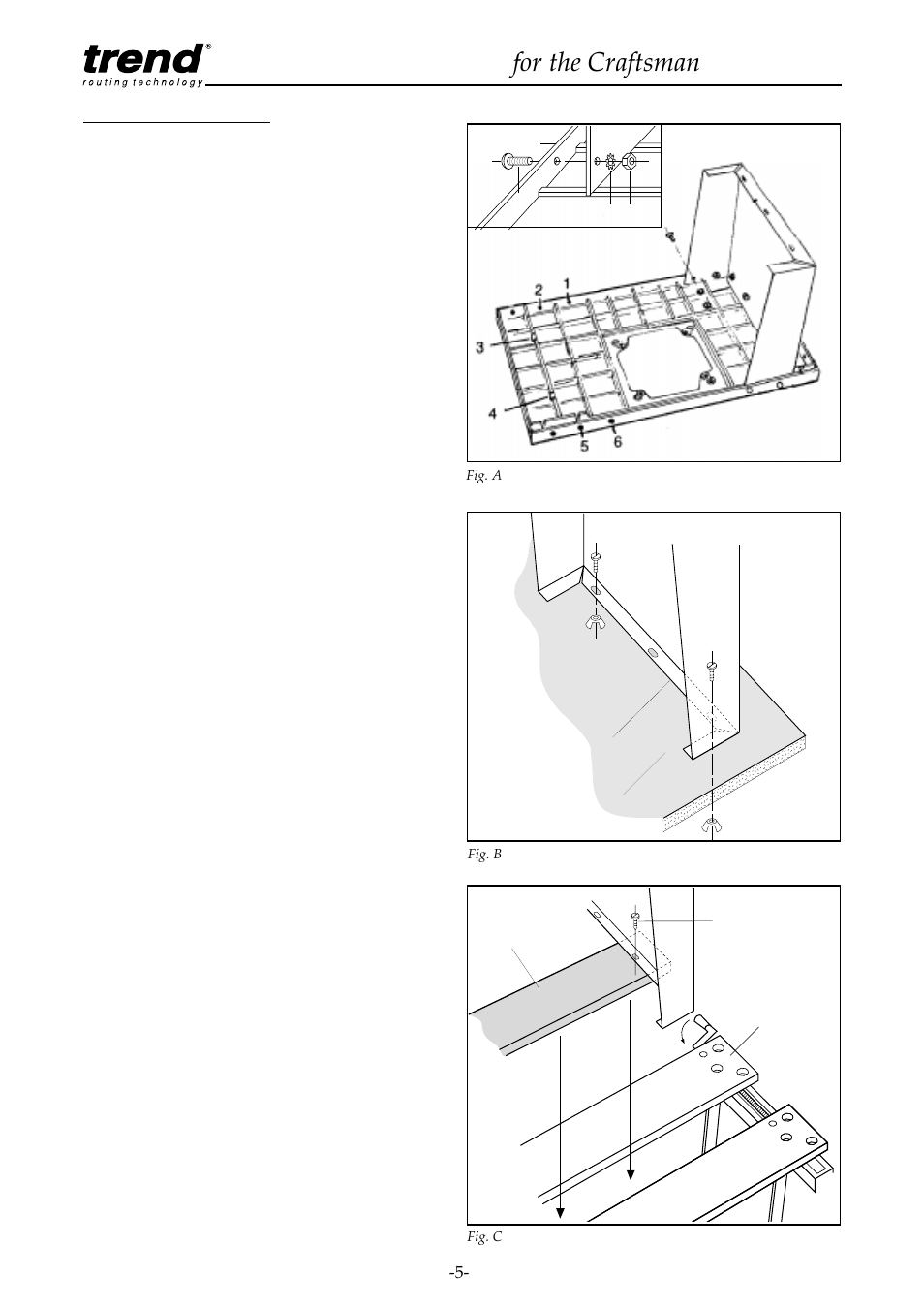 Assembly instructions, Assembly of legs, Mounting table to workbench or workboard | Mounting table to a workmate, Router table for the craftsman | Craftsman CRT/A User Manual | Page 6 / 35