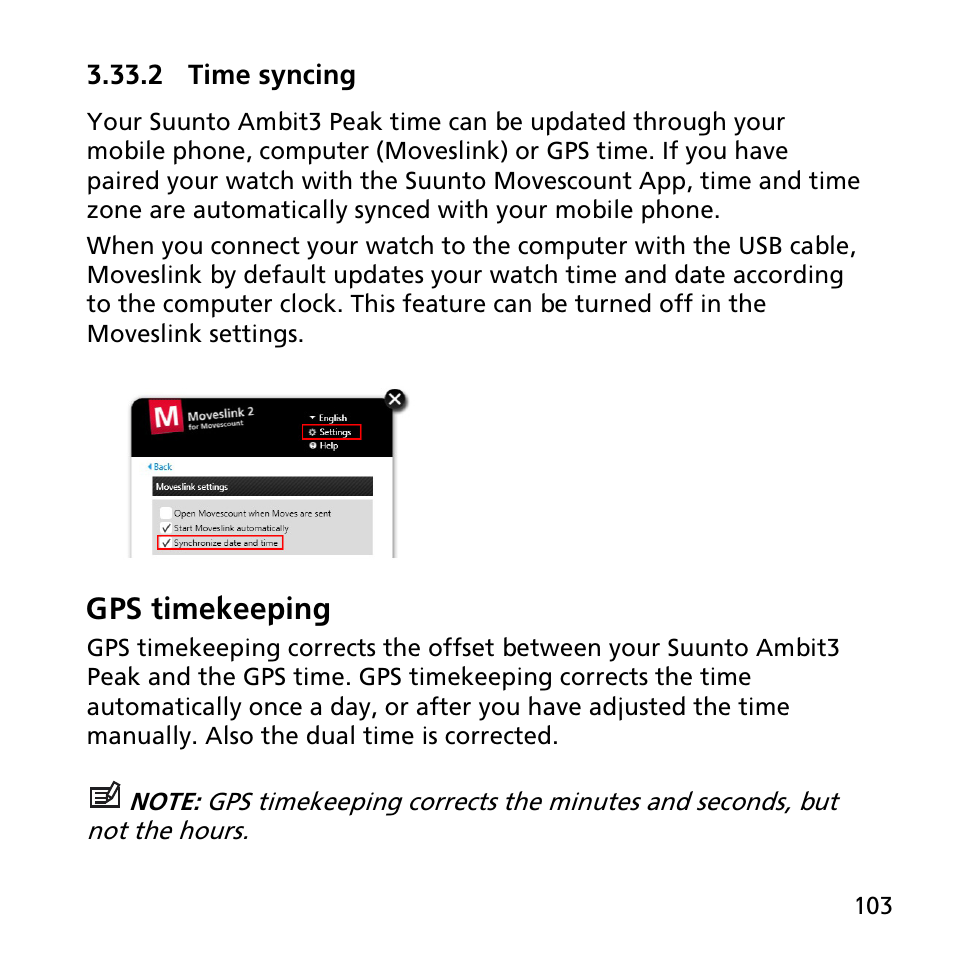 2 time syncing, Gps timekeeping | SUUNTO AMBIT3 PEAK User Manual | Page 103 / 127