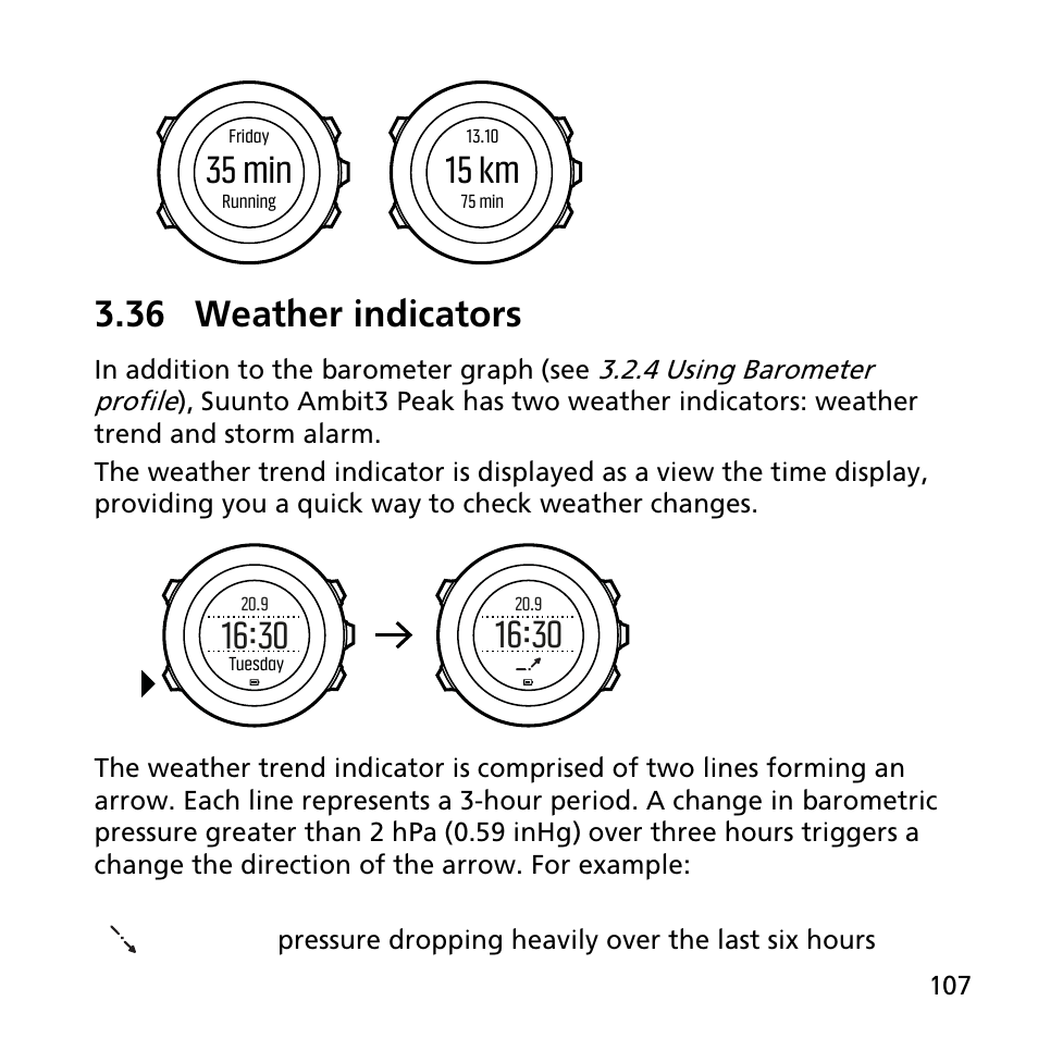 36 weather indicators, 15 km, 35 min | SUUNTO AMBIT3 PEAK User Manual | Page 107 / 127