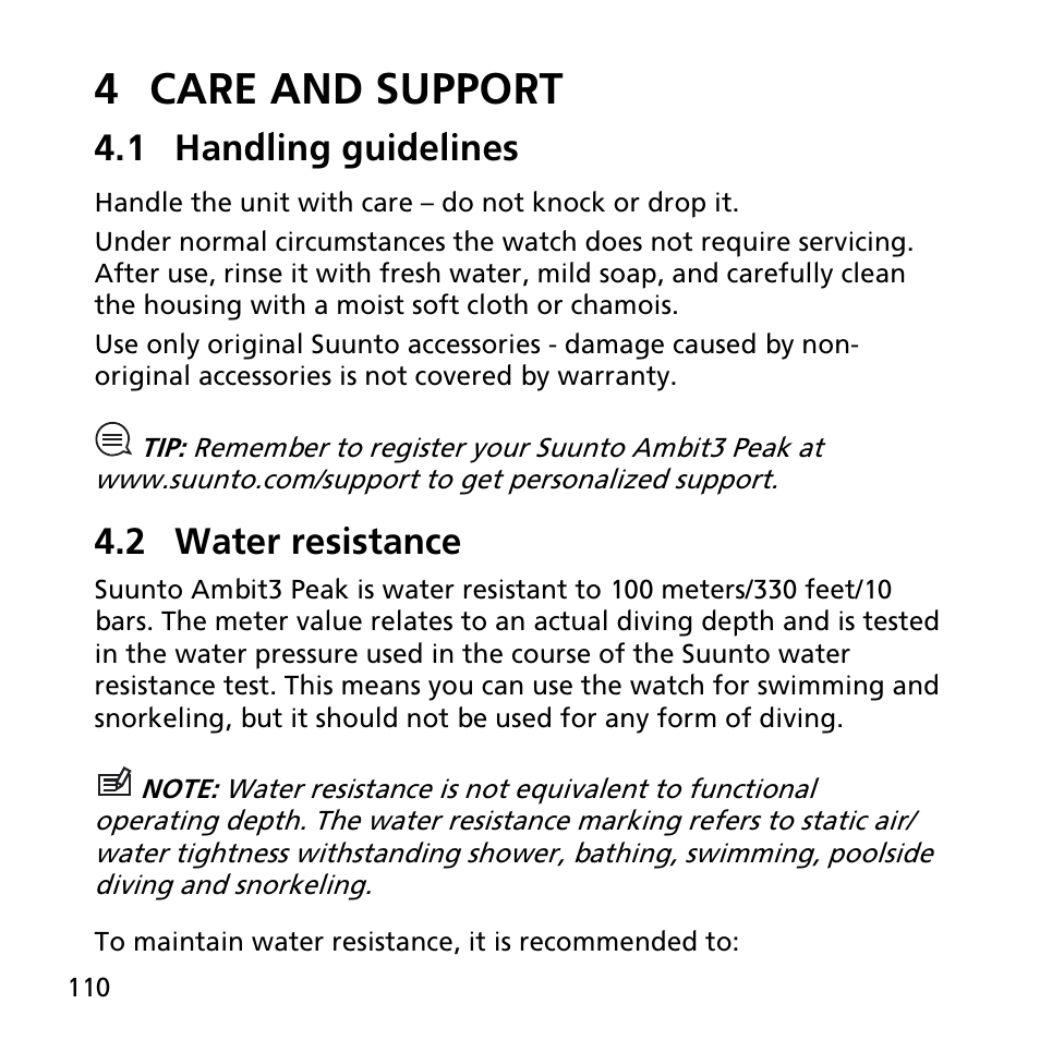 4 care and support, 1 handling guidelines, 2 water resistance | SUUNTO AMBIT3 PEAK User Manual | Page 110 / 127