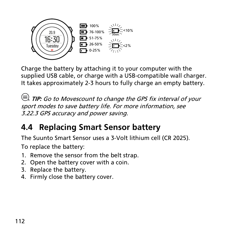 4 replacing smart sensor battery | SUUNTO AMBIT3 PEAK User Manual | Page 112 / 127