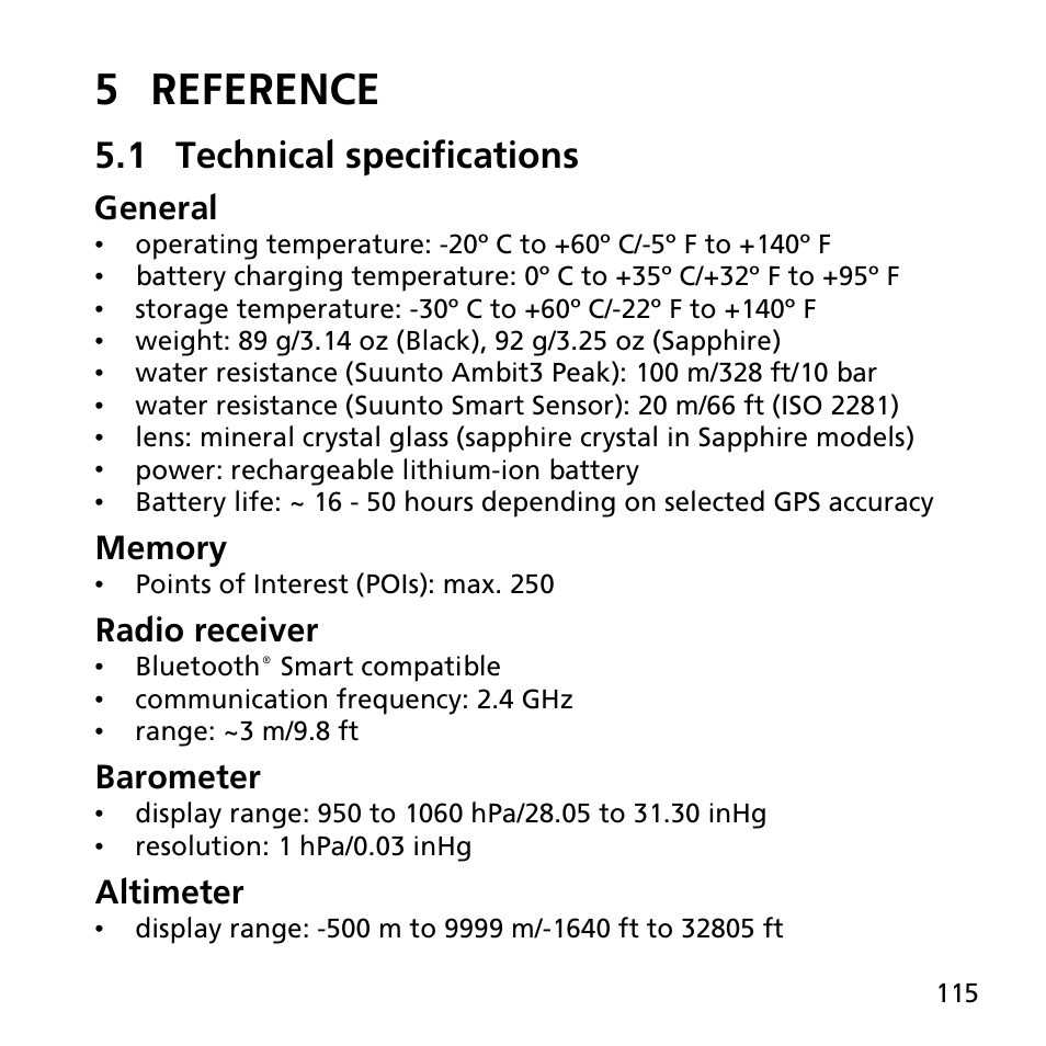 5 reference, 1 technical specifications, General | Radio receiver, Barometer, Altimeter | SUUNTO AMBIT3 PEAK User Manual | Page 115 / 127