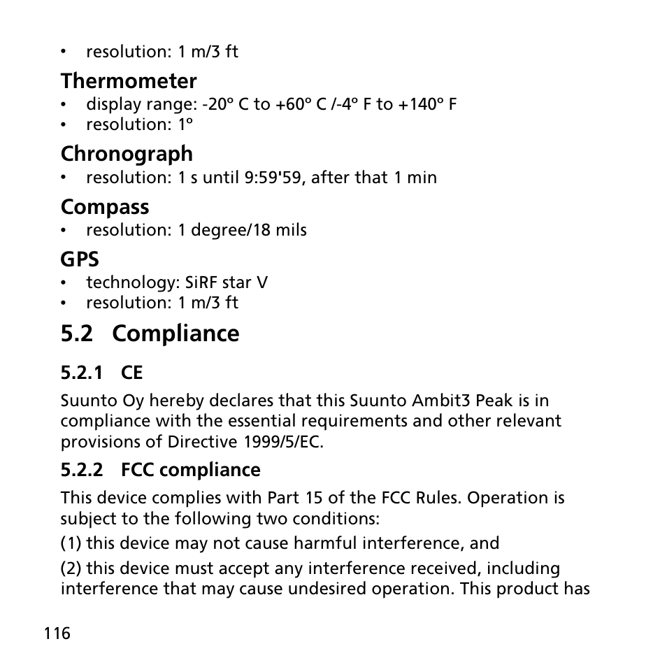 2 compliance, 1 ce, 2 fcc compliance | Thermometer, Chronograph, Compass | SUUNTO AMBIT3 PEAK User Manual | Page 116 / 127