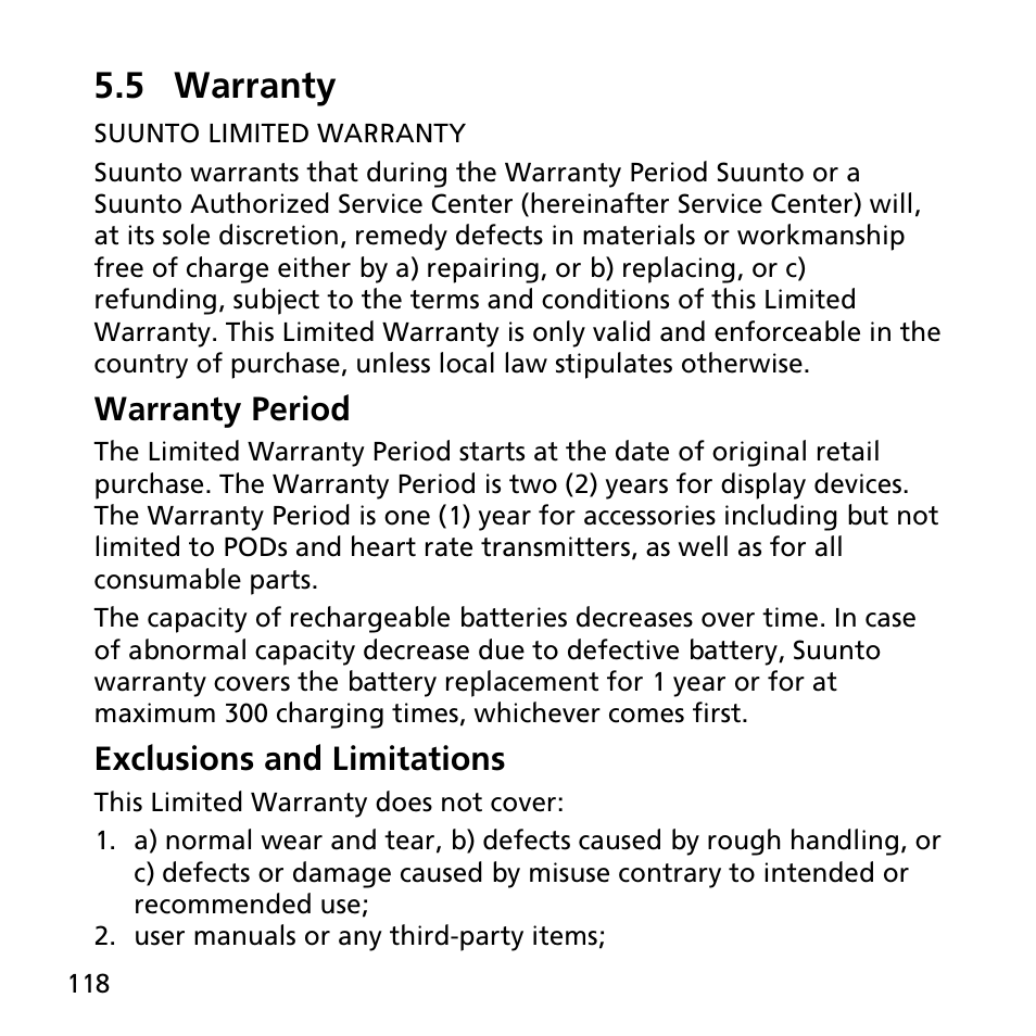 5 warranty, Warranty period, Exclusions and limitations | SUUNTO AMBIT3 PEAK User Manual | Page 118 / 127