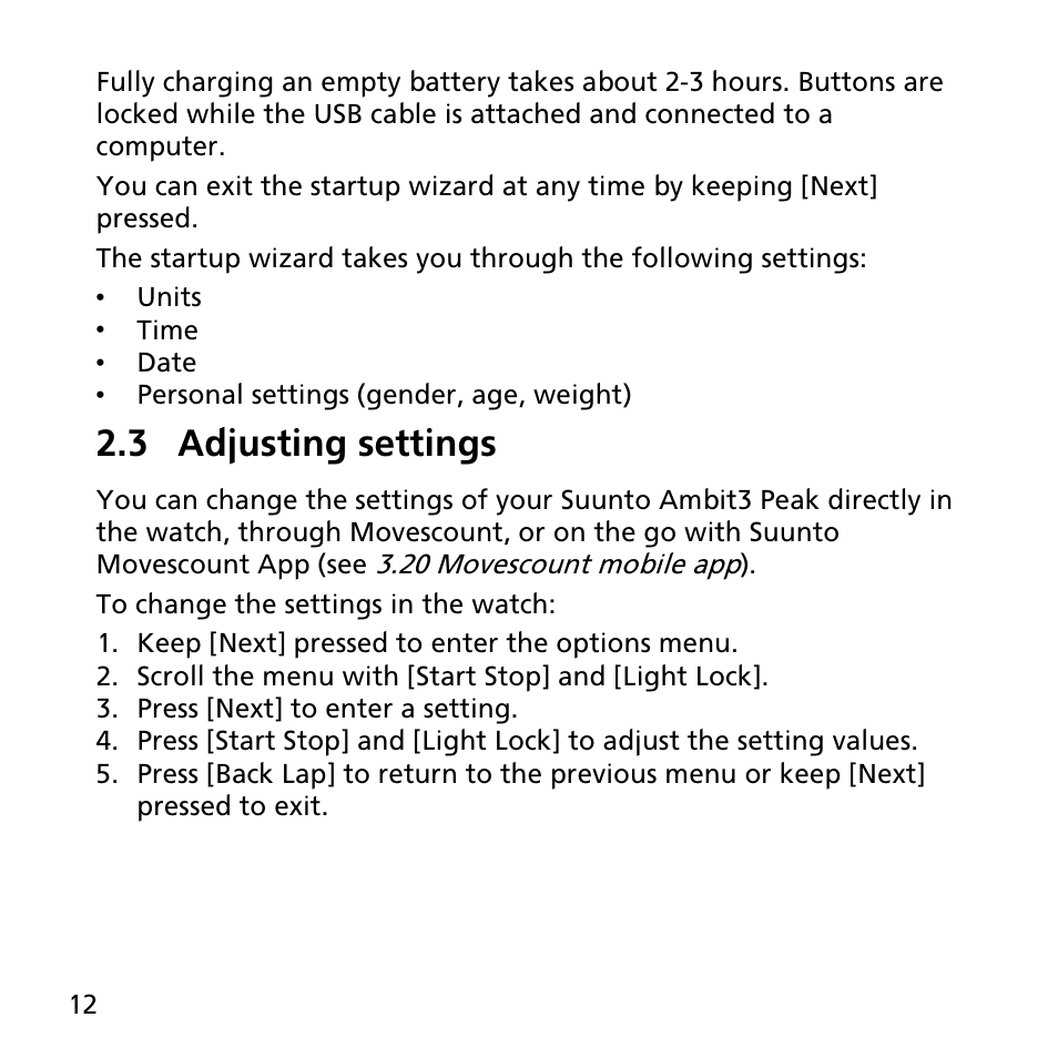 3 adjusting settings | SUUNTO AMBIT3 PEAK User Manual | Page 12 / 127