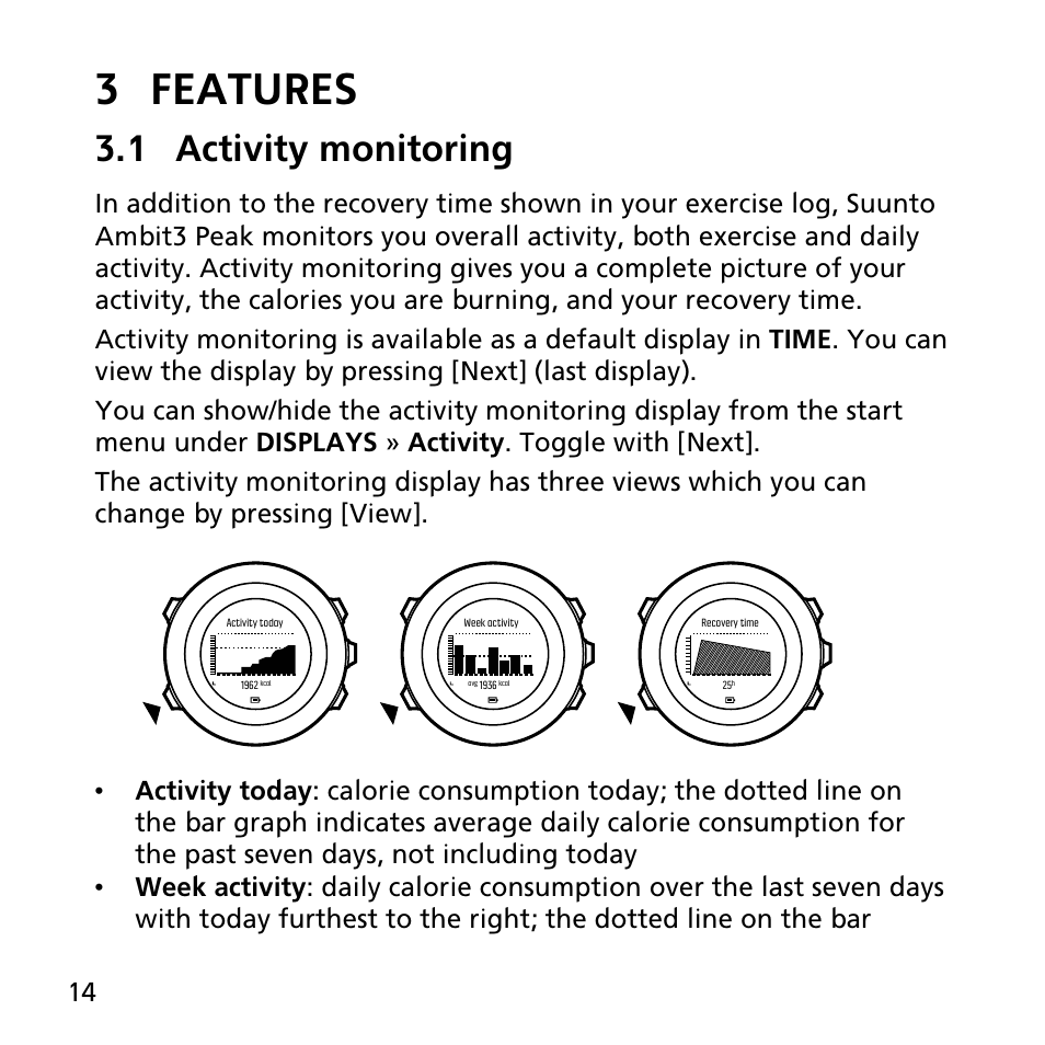 3 features, 1 activity monitoring | SUUNTO AMBIT3 PEAK User Manual | Page 14 / 127