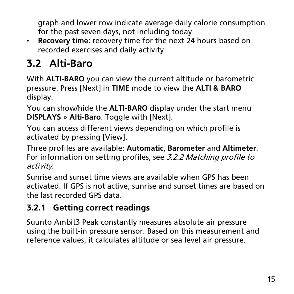 2 alti-baro, 1 getting correct readings | SUUNTO AMBIT3 PEAK User Manual | Page 15 / 127