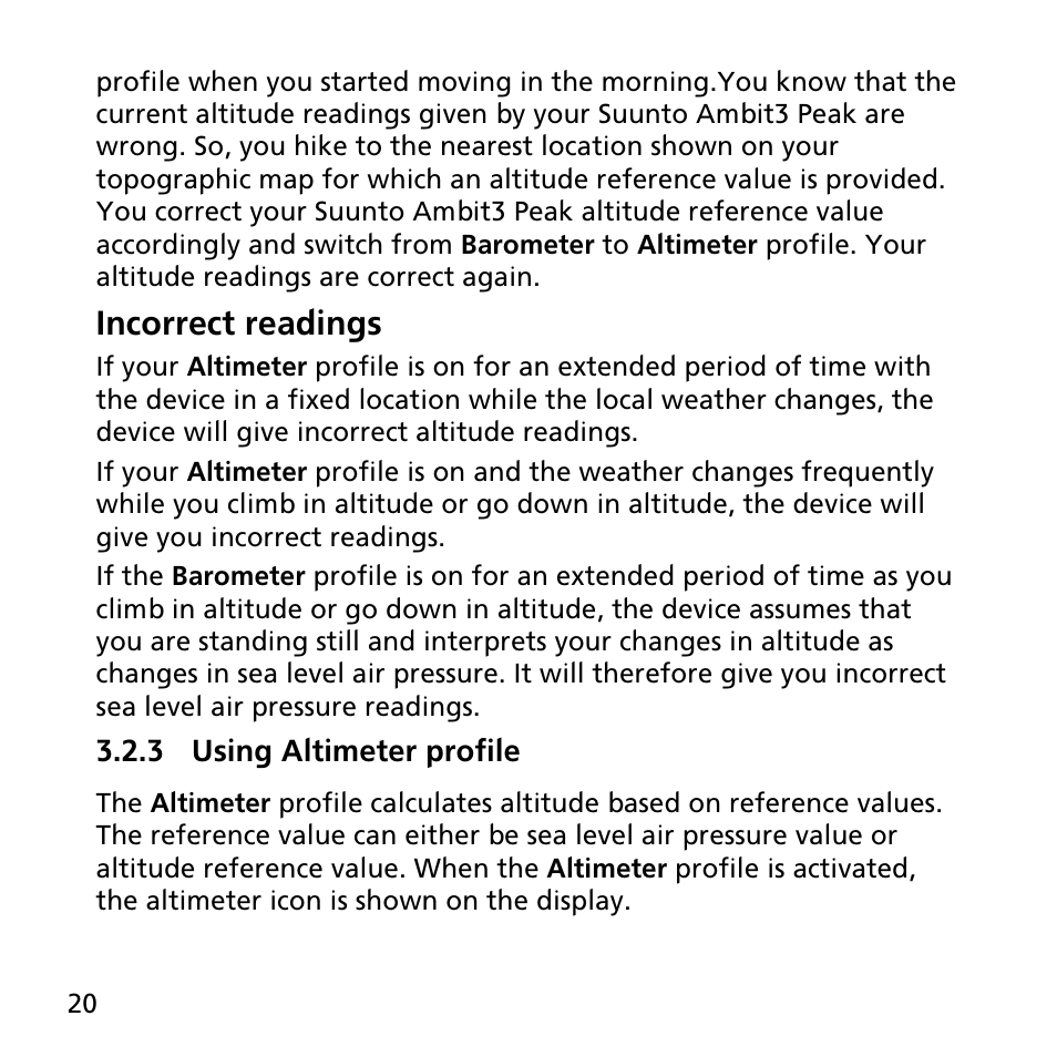 3 using altimeter profile, Incorrect readings | SUUNTO AMBIT3 PEAK User Manual | Page 20 / 127