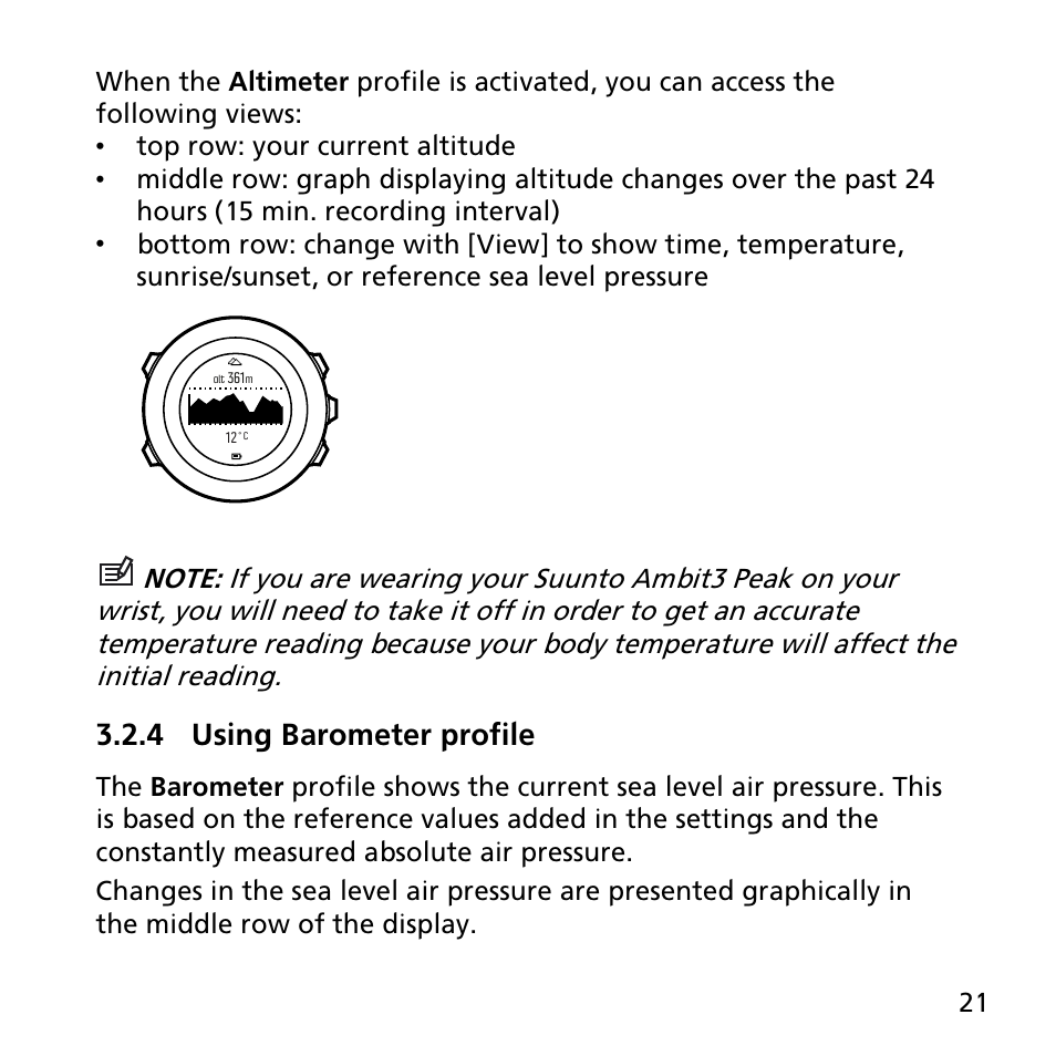 4 using barometer profile, Top row: your current altitude | SUUNTO AMBIT3 PEAK User Manual | Page 21 / 127