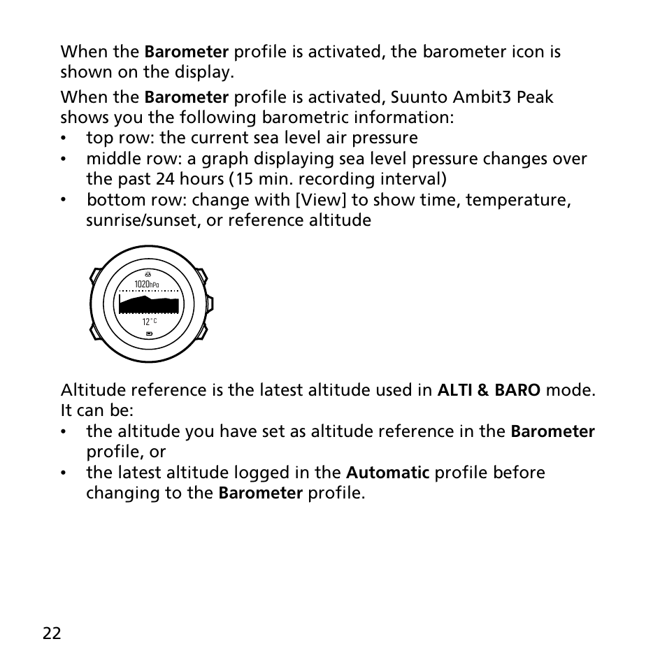 Top row: the current sea level air pressure | SUUNTO AMBIT3 PEAK User Manual | Page 22 / 127