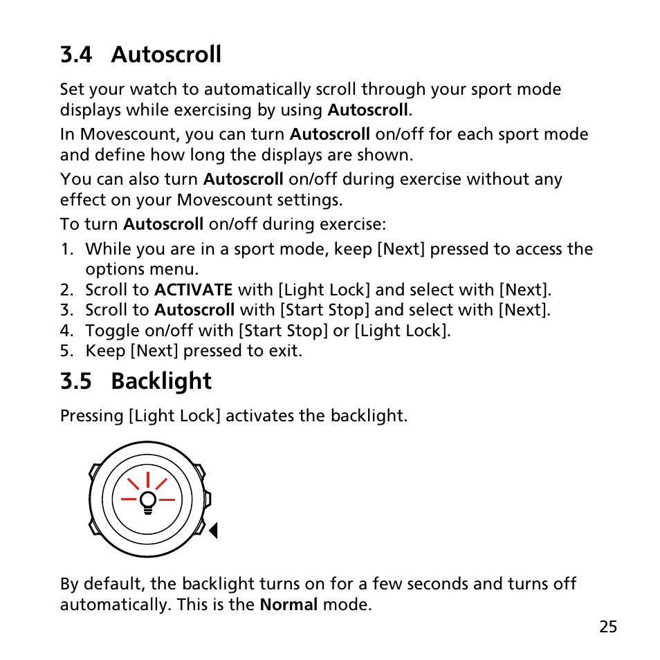 4 autoscroll, 5 backlight | SUUNTO AMBIT3 PEAK User Manual | Page 25 / 127