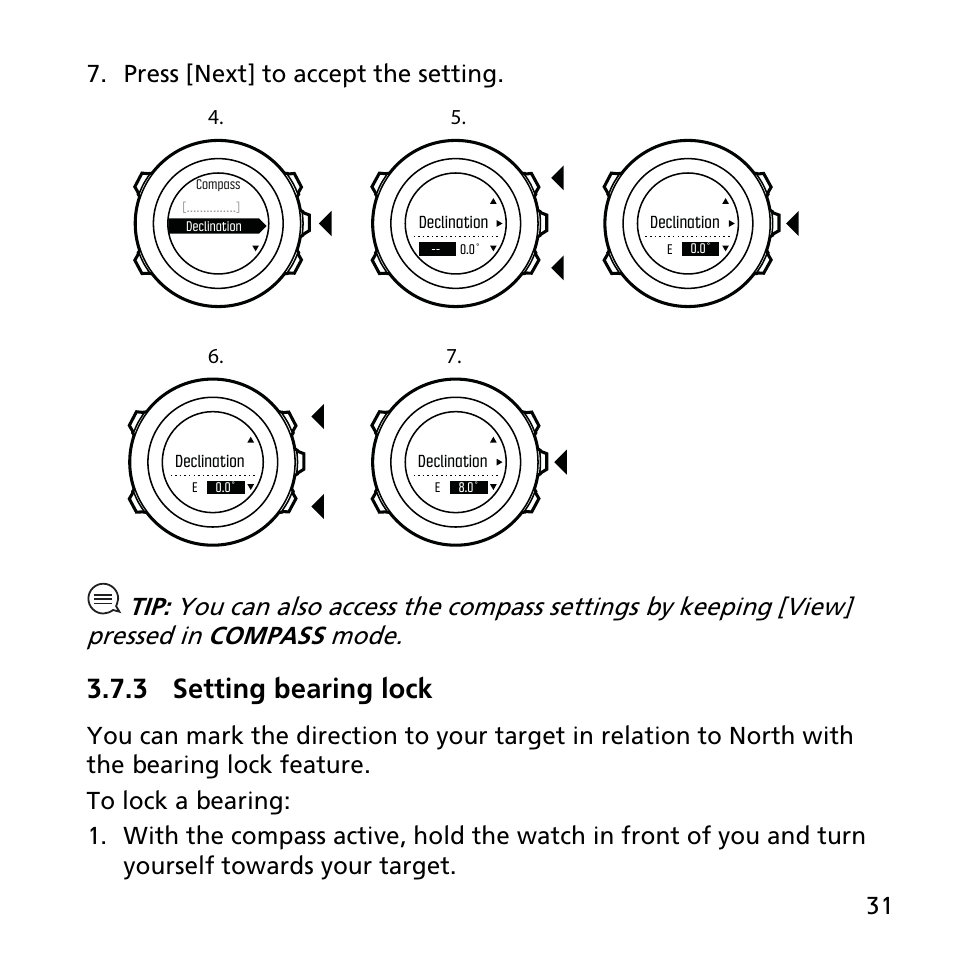 3 setting bearing lock, Press [next] to accept the setting | SUUNTO AMBIT3 PEAK User Manual | Page 31 / 127