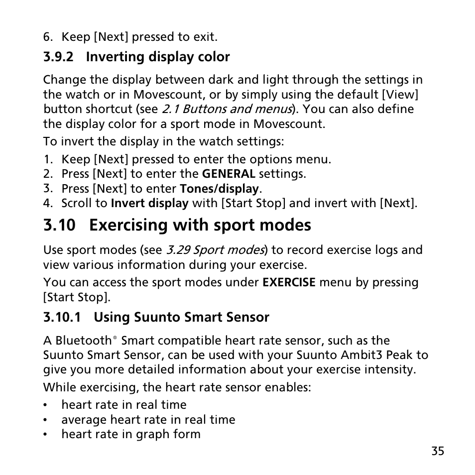 2 inverting display color, 10 exercising with sport modes, 1 using suunto smart sensor | SUUNTO AMBIT3 PEAK User Manual | Page 35 / 127