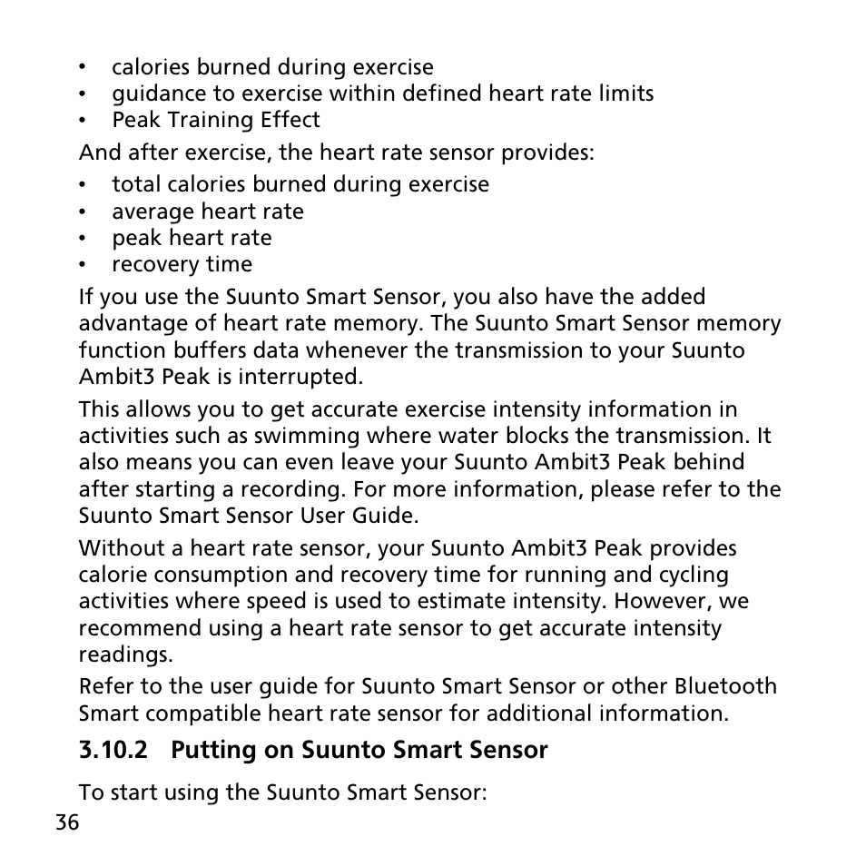 2 putting on suunto smart sensor | SUUNTO AMBIT3 PEAK User Manual | Page 36 / 127