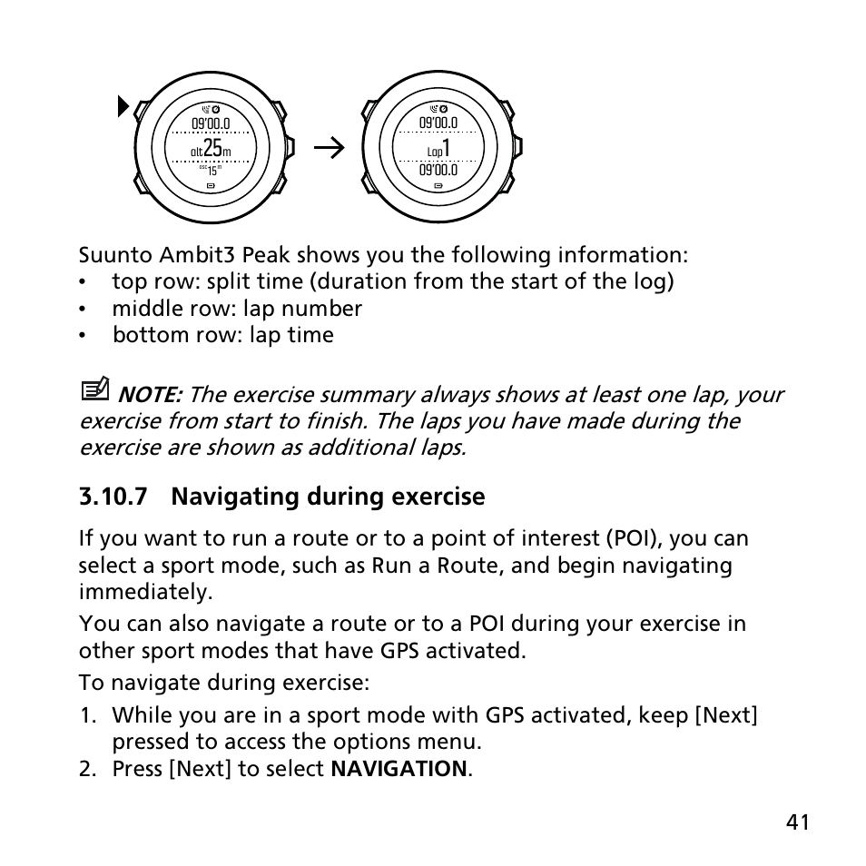 7 navigating during exercise, Middle row: lap number, Bottom row: lap time | SUUNTO AMBIT3 PEAK User Manual | Page 41 / 127