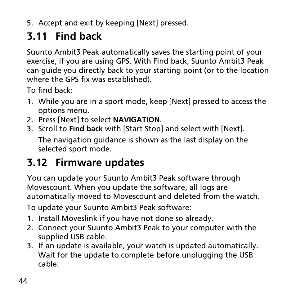 11 find back, 12 firmware updates | SUUNTO AMBIT3 PEAK User Manual | Page 44 / 127