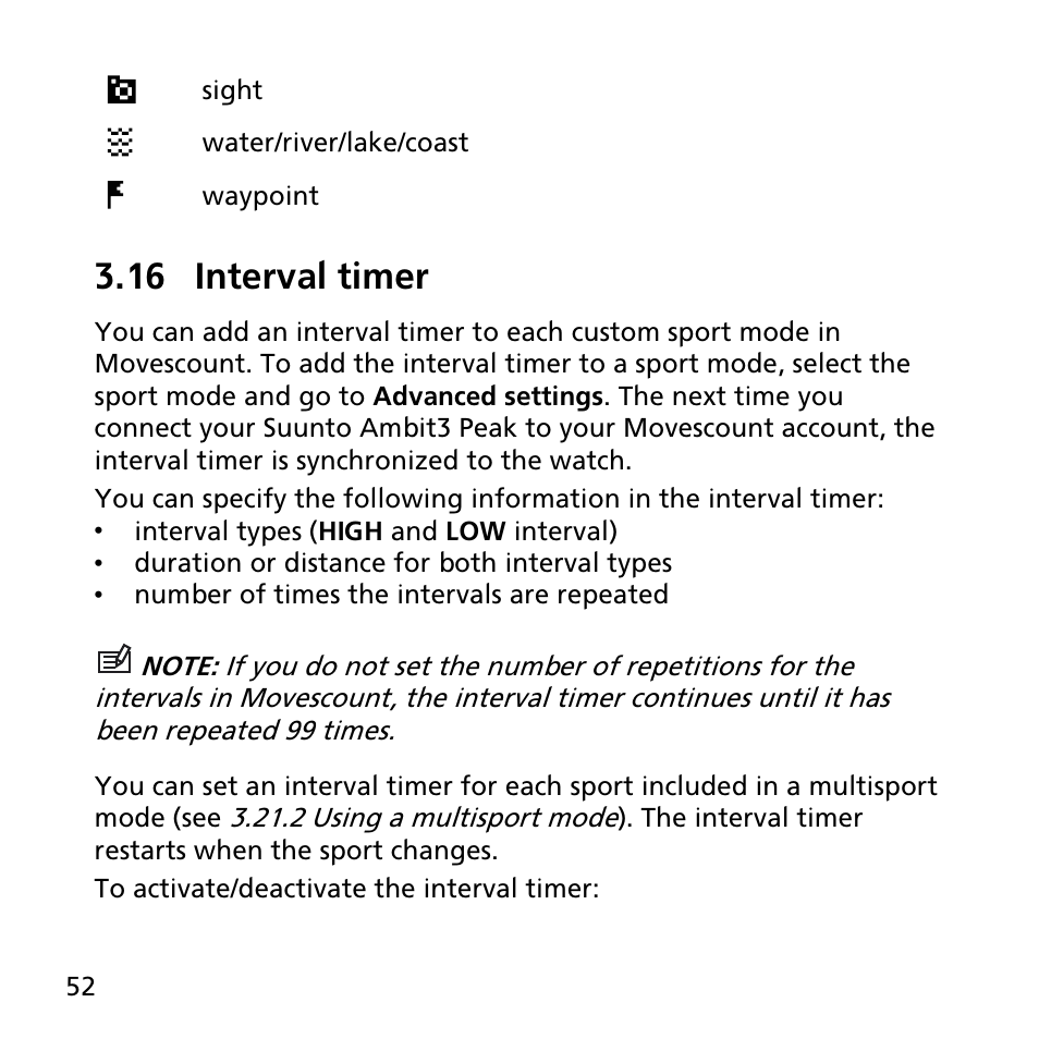 16 interval timer | SUUNTO AMBIT3 PEAK User Manual | Page 52 / 127