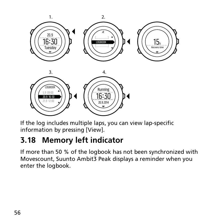 18 memory left indicator | SUUNTO AMBIT3 PEAK User Manual | Page 56 / 127