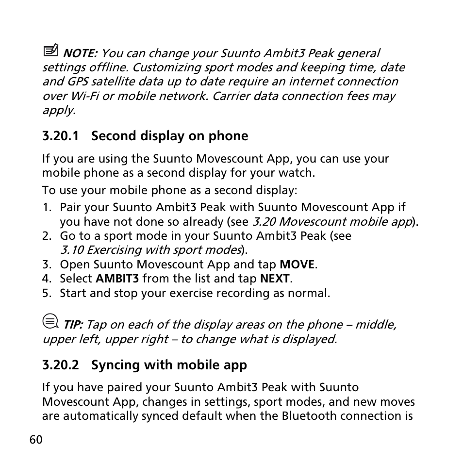 1 second display on phone, 2 syncing with mobile app | SUUNTO AMBIT3 PEAK User Manual | Page 60 / 127