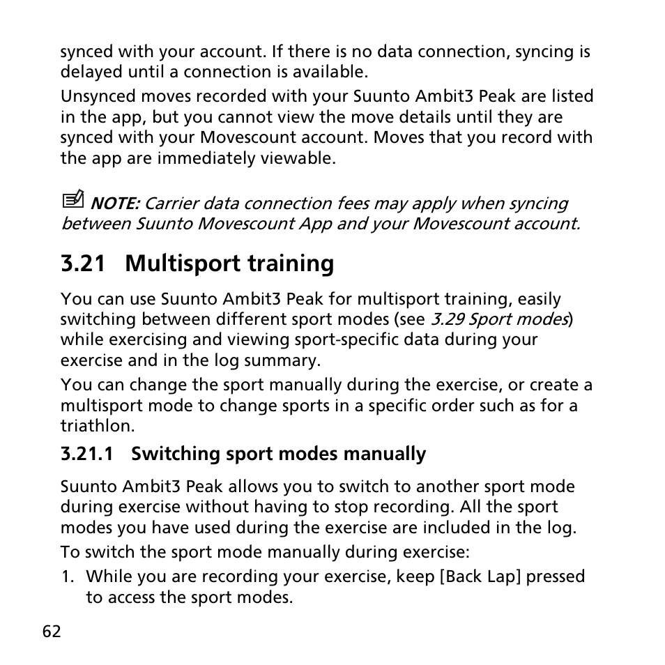 21 multisport training, 1 switching sport modes manually | SUUNTO AMBIT3 PEAK User Manual | Page 62 / 127