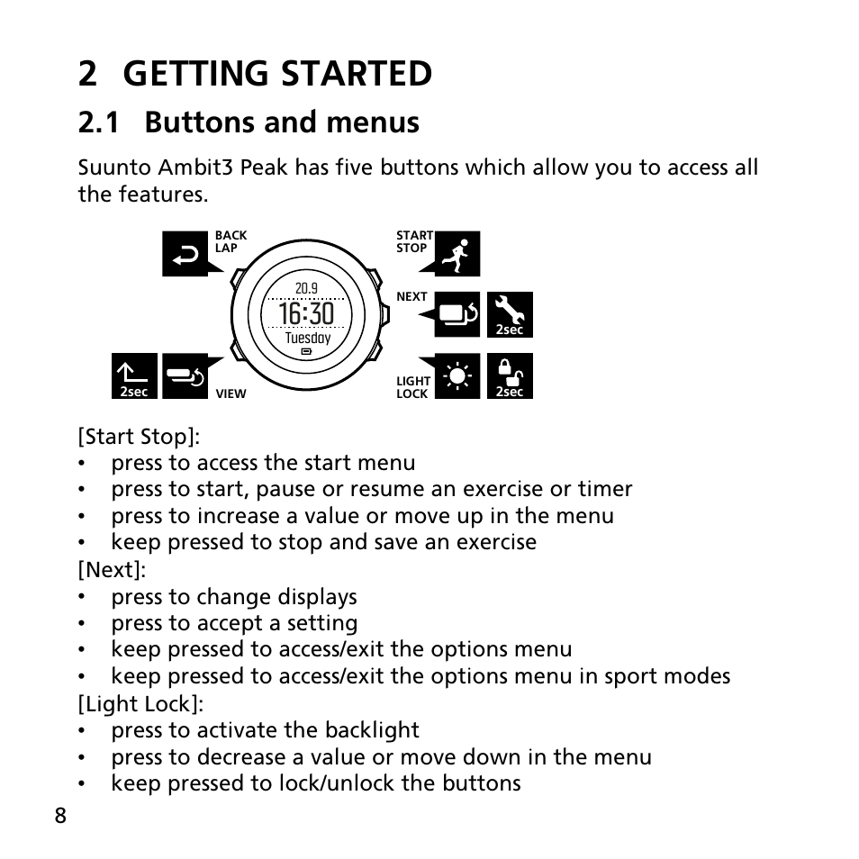 2 getting started, 1 buttons and menus | SUUNTO AMBIT3 PEAK User Manual | Page 8 / 127