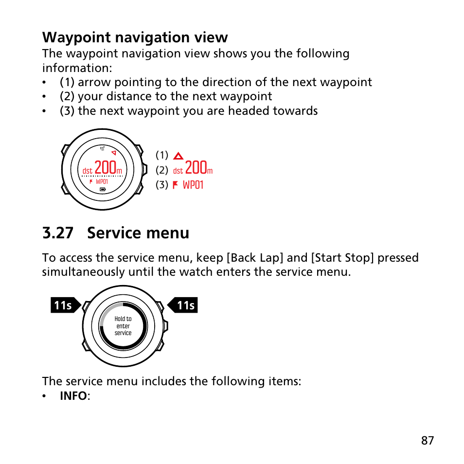 27 service menu, Waypoint navigation view | SUUNTO AMBIT3 PEAK User Manual | Page 87 / 127