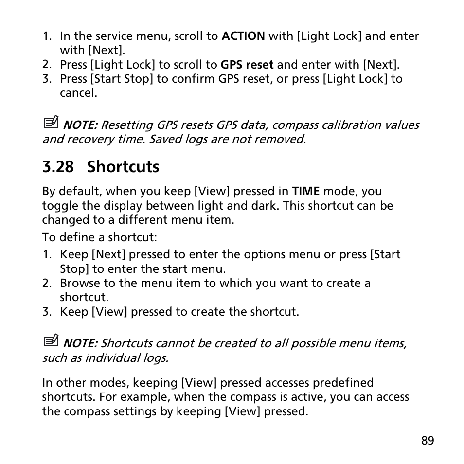 28 shortcuts, Keep pressed to access shortcut (see | SUUNTO AMBIT3 PEAK User Manual | Page 89 / 127