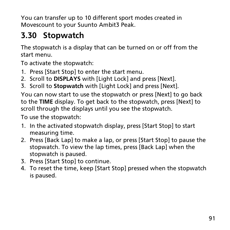 30 stopwatch, That are handled as displays that can be viewed by | SUUNTO AMBIT3 PEAK User Manual | Page 91 / 127