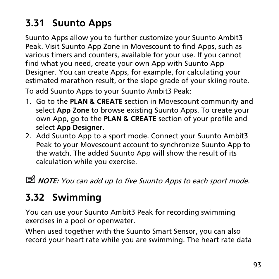 31 suunto apps, 32 swimming | SUUNTO AMBIT3 PEAK User Manual | Page 93 / 127