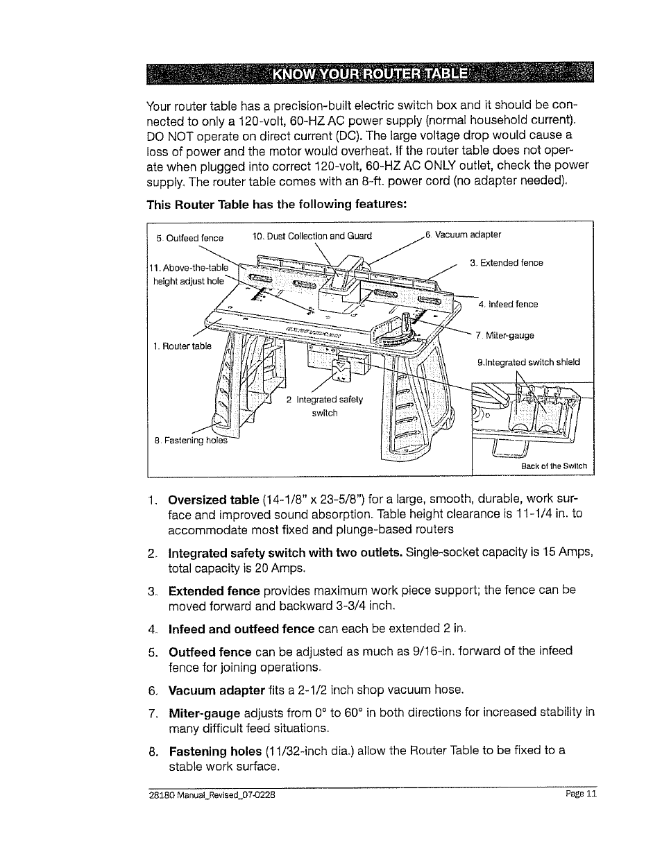 Know your router tablé | Craftsman 320. 28180 User Manual | Page 11 / 24